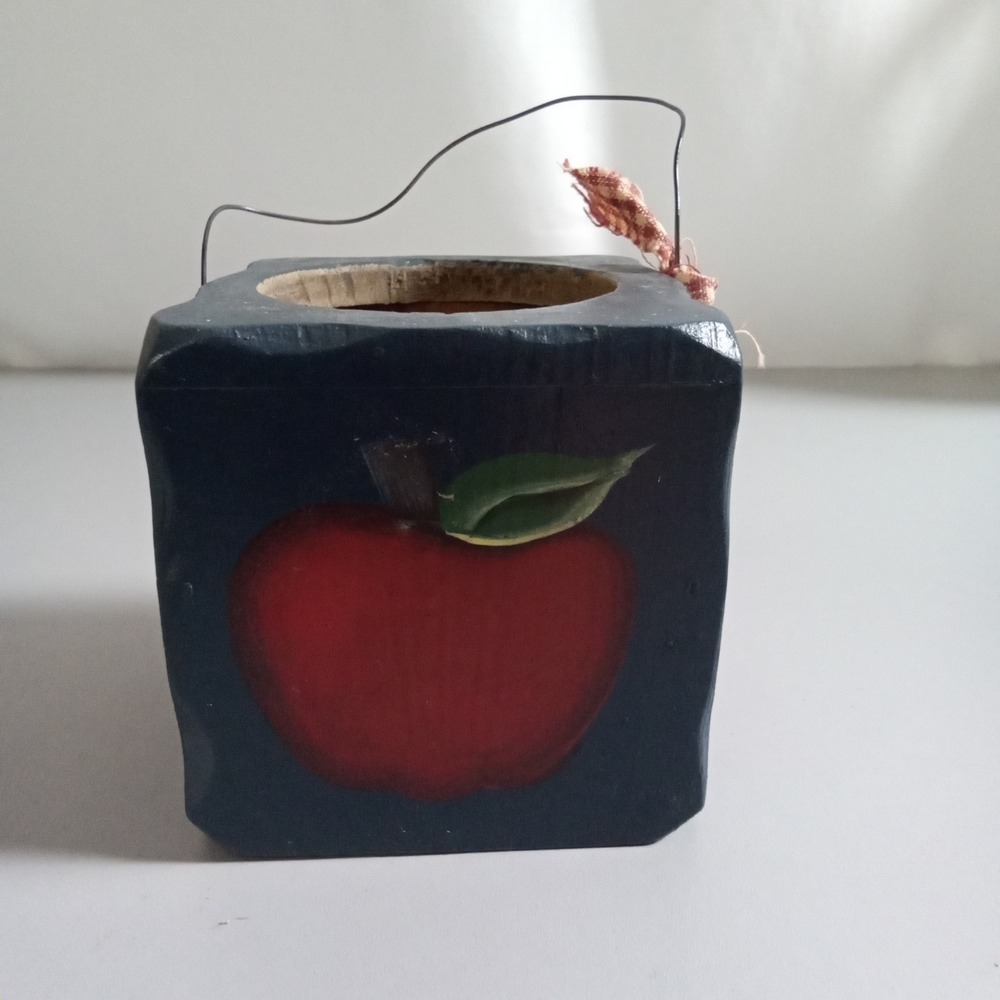 Primitive Hand Painted Wood Apple Votive Candle Holder Navy Blue Block Farmhouse